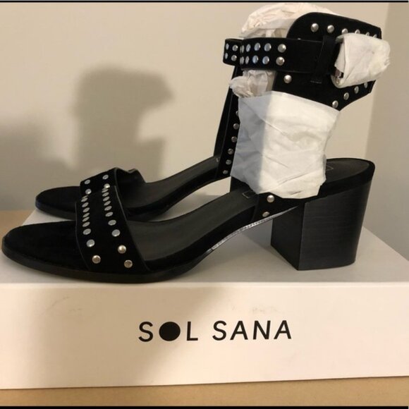 NIB Sol Sana Studded Black Suede Heeled Sandals - Picture 4 of 10